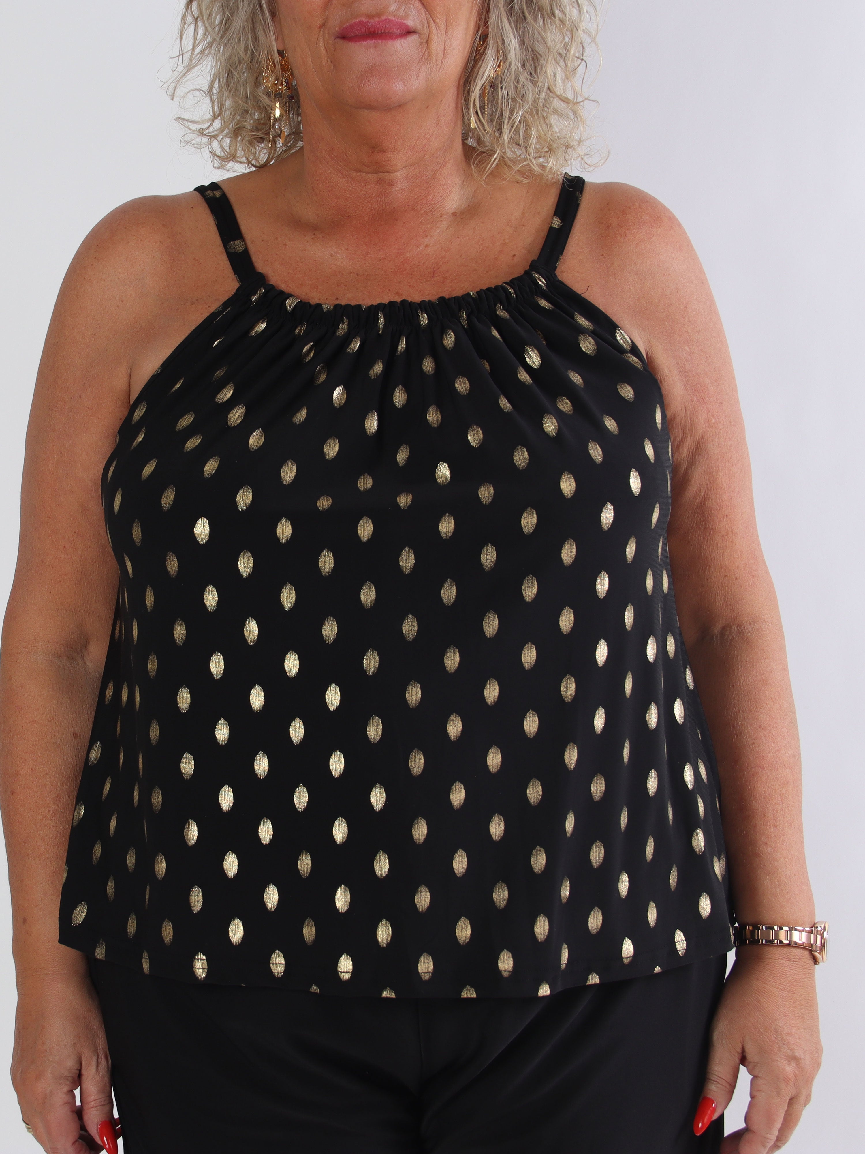 Sunlove Dot Top - Elastisk plus size stroptop med guld dutter